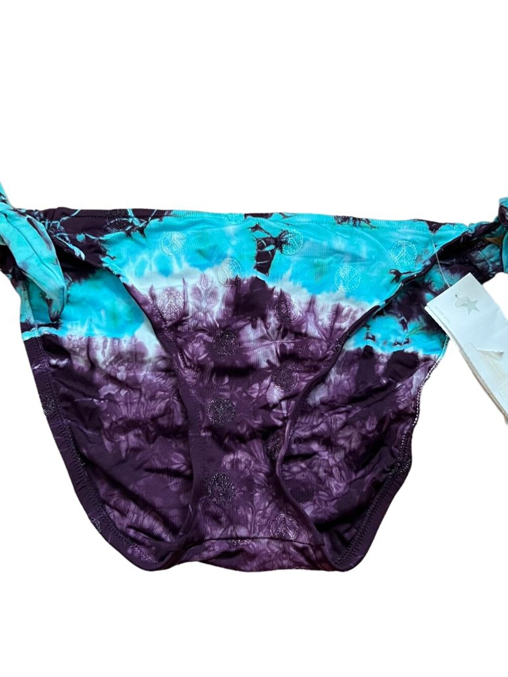 Lucky Brand bikini bottoms blue purple tie dye Small side tie peace signs swim